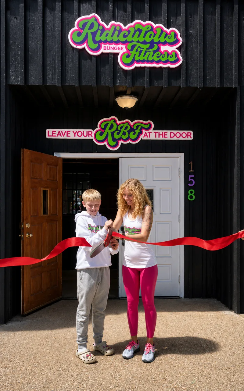 Kayla and her son cutting the ribbon at the Ridiculous Bungee Fitness grand opening
